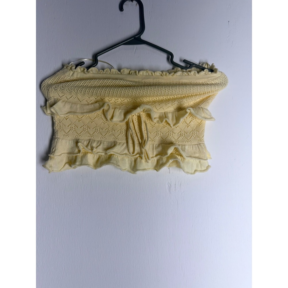 Mable Yellow Knit Tube Top Ruffle Crochet Pointelle Strapless Crop Top Small